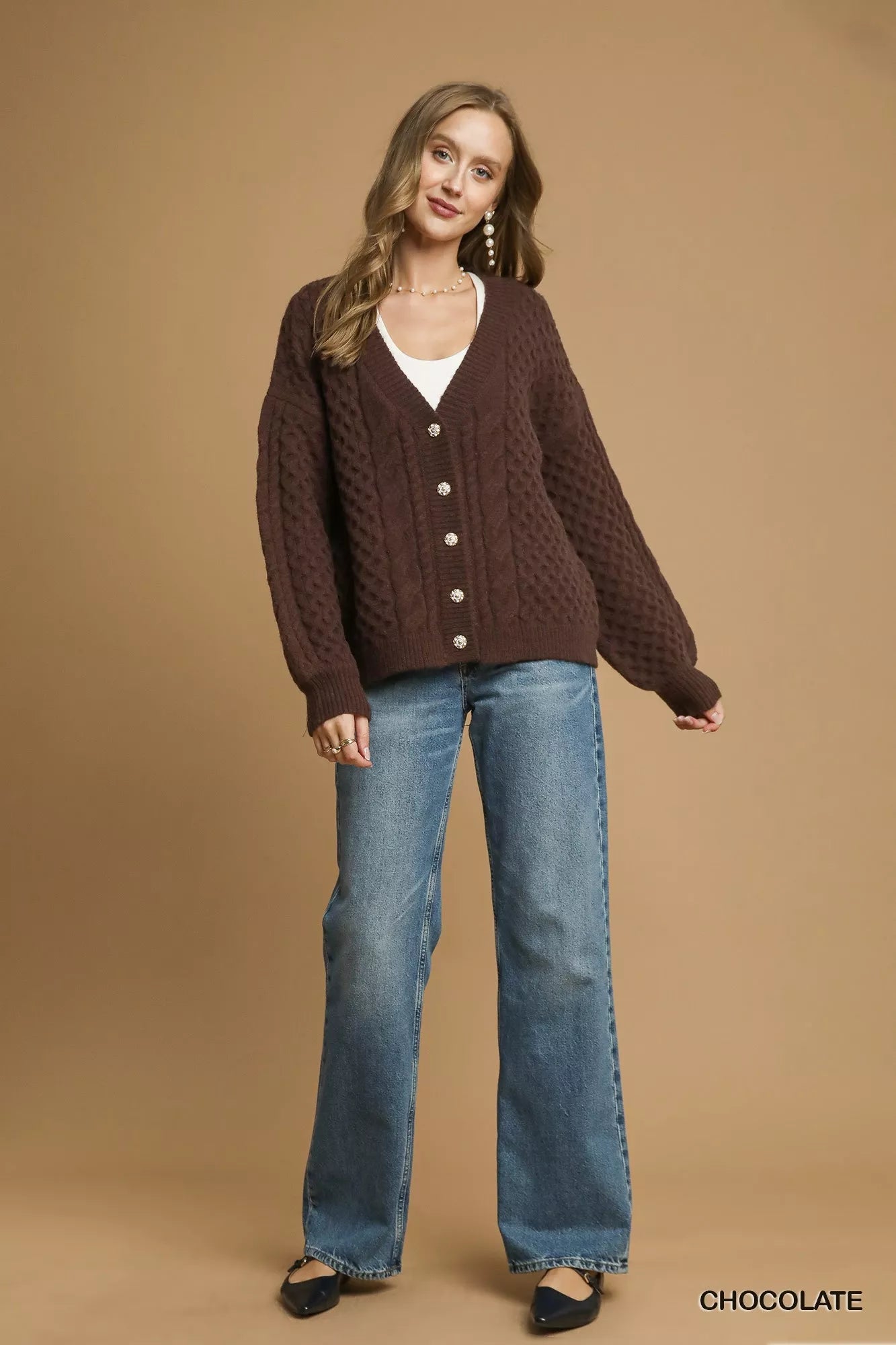 Umgee Cable Knit Pearl Button Cardigan 