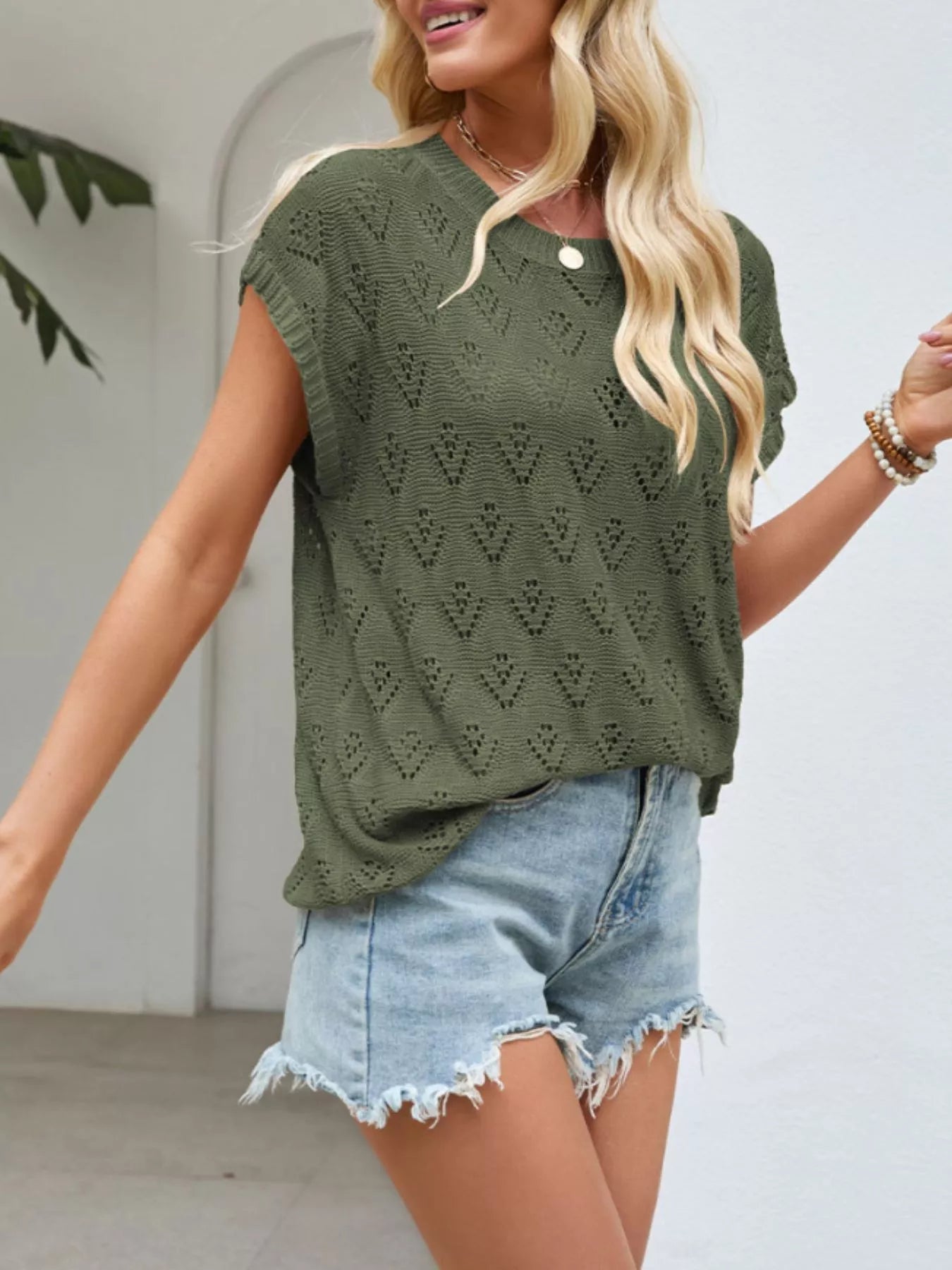 Openwork Short Sleeve Knit Top 