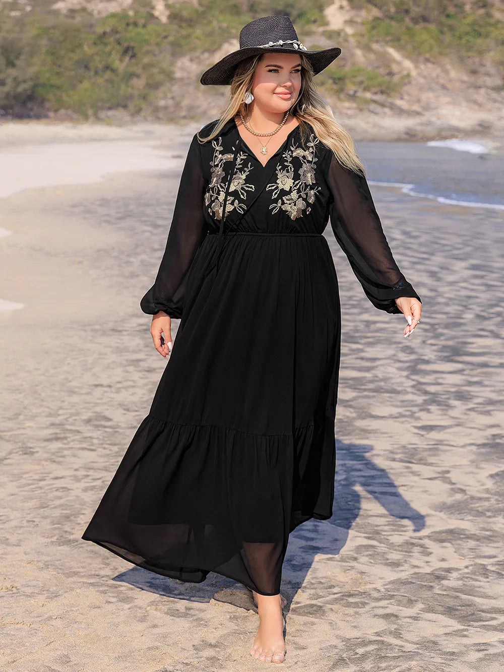 Plus Size Embroidered Tie Neck Long Sleeve Dress 