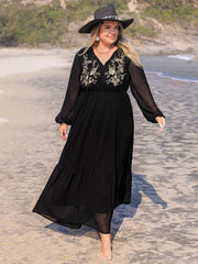 Plus Size Embroidered Tie Neck Long Sleeve Dress 