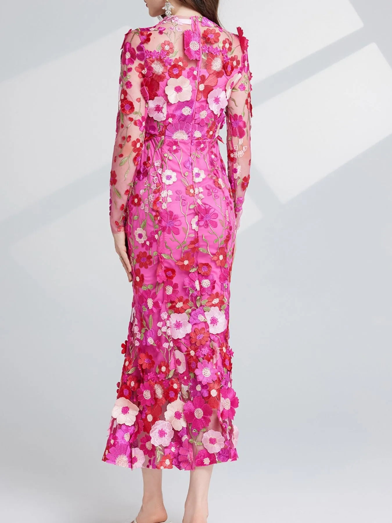 Floral Embroidered Mesh Long Sleeve Midi Dress 