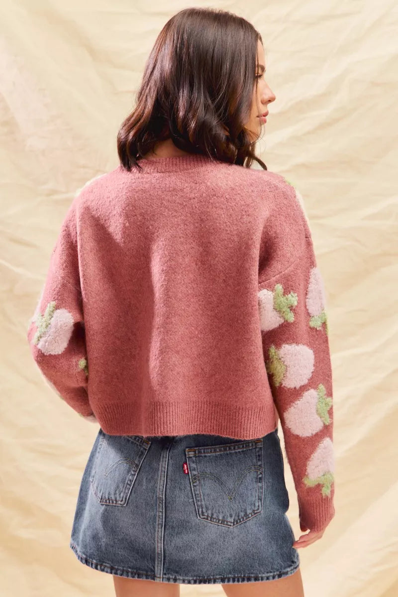 SO ME Strawberry Fruit All Over Button Sweater Cardigan 
