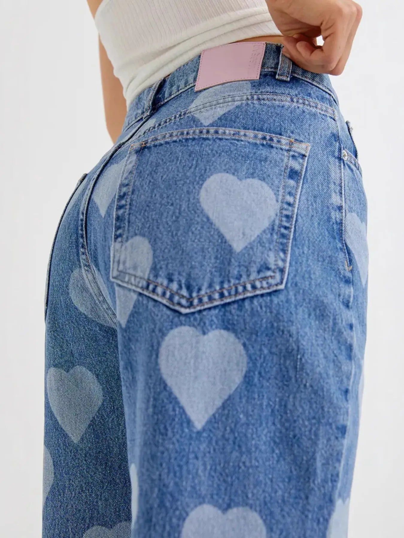 Heart Pattern High-Waist Wide Leg Jeans 
