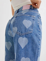 Heart Pattern High-Waist Wide Leg Jeans 