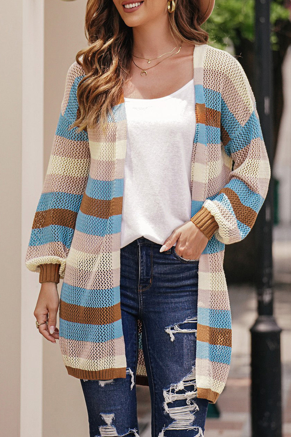 Full Size Striped Long Sleeve Openwork Cardigan 