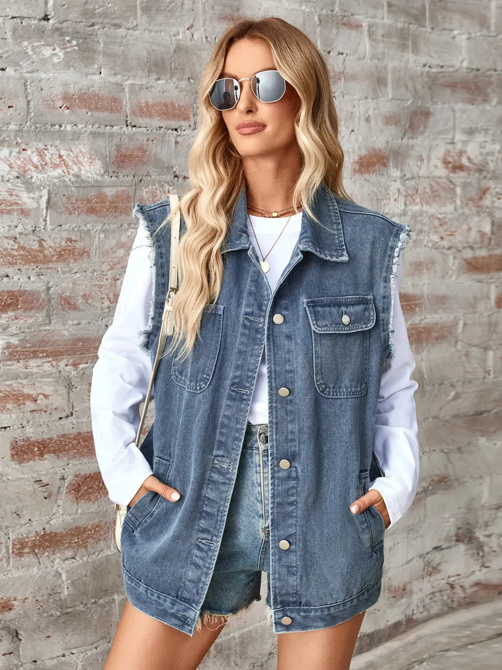 Raw Hem Sleeveless Button Up Denim Jacket 