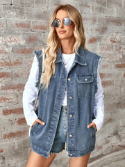 Raw Hem Sleeveless Button Up Denim Jacket 