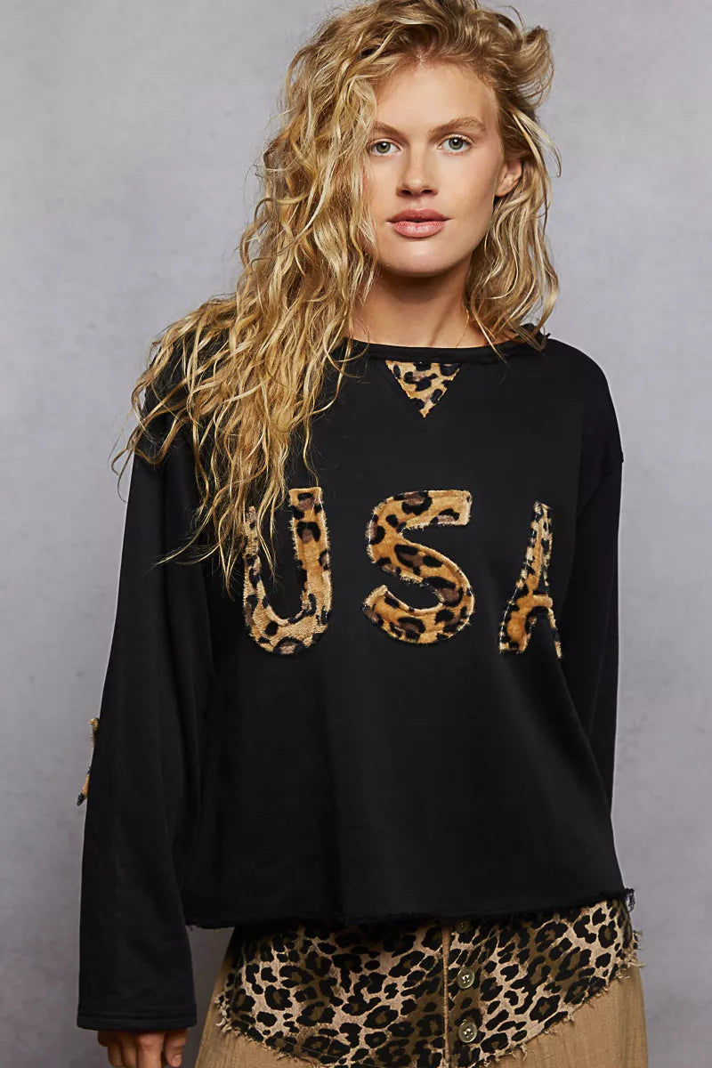 POL Round Neck Long Sleeve French Terry Sweatshirt with USA Letter Animal Patch 
