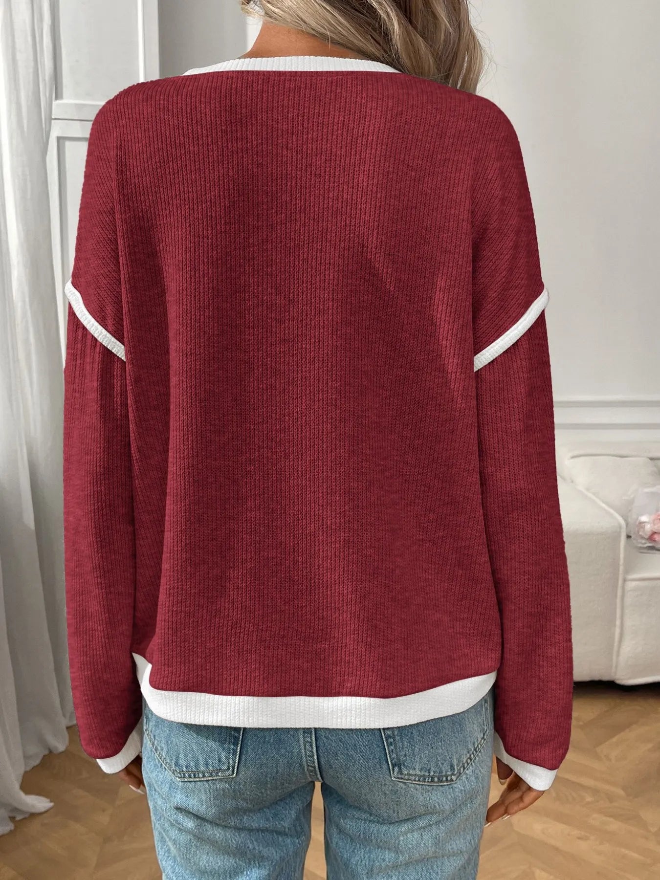 Ribbed Contrast Trim Long Sleeve Top 