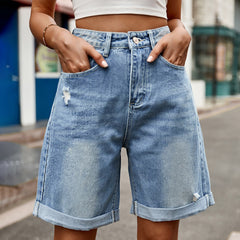 Distressed Buttoned Denim Shorts with Pockets 