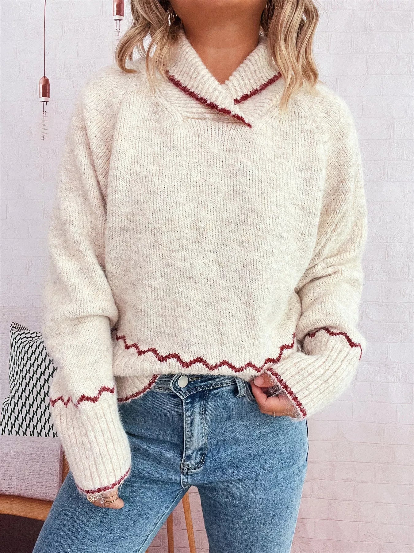 Ribbed Contrast Trim Long Sleeve Sweater 