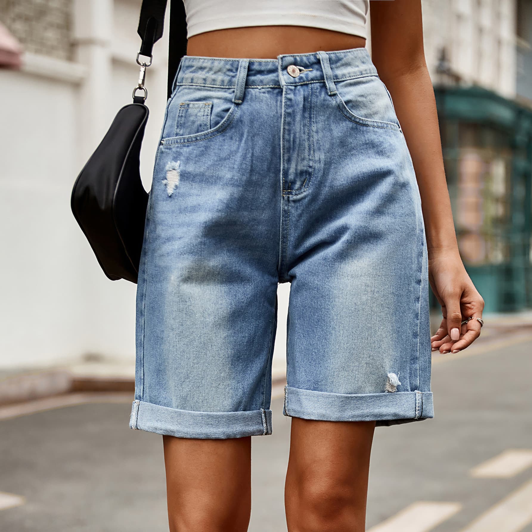 Distressed Buttoned Denim Shorts with Pockets 