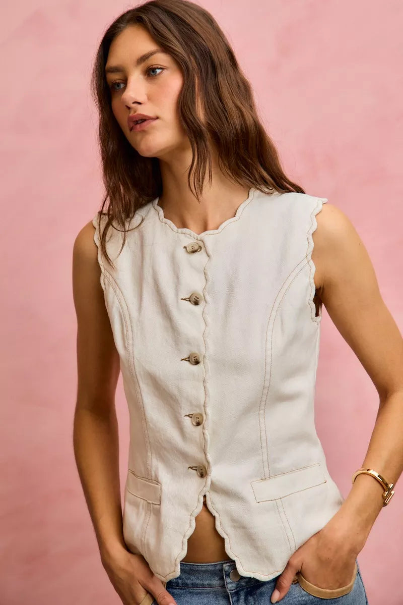 SO ME Scalloped Edge Cotton Twill Washed Vest Top 