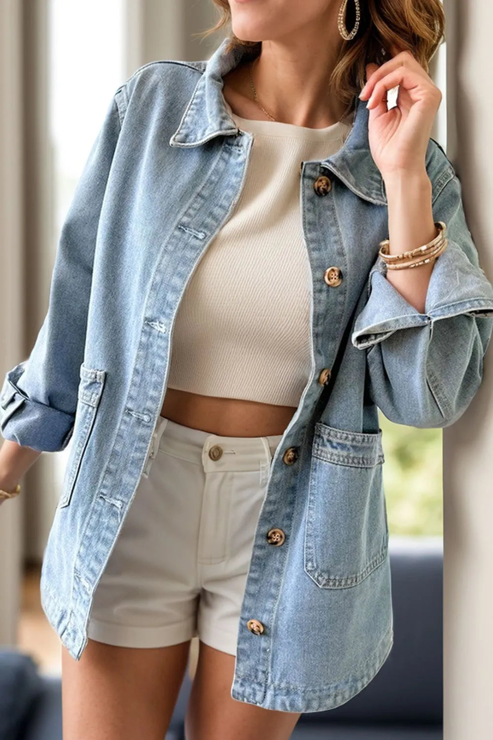 Pocketed Button Up Long Sleeve Denim Jacket 