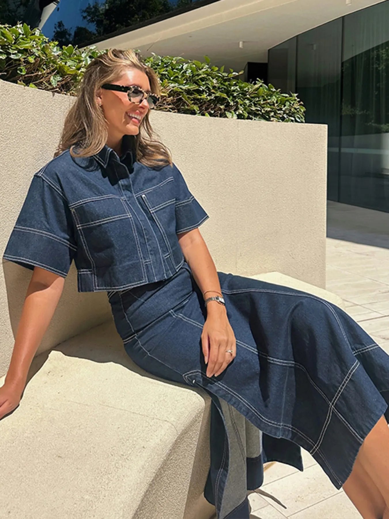 Cropped Short Sleeve Contrast Stitch Denim Top 