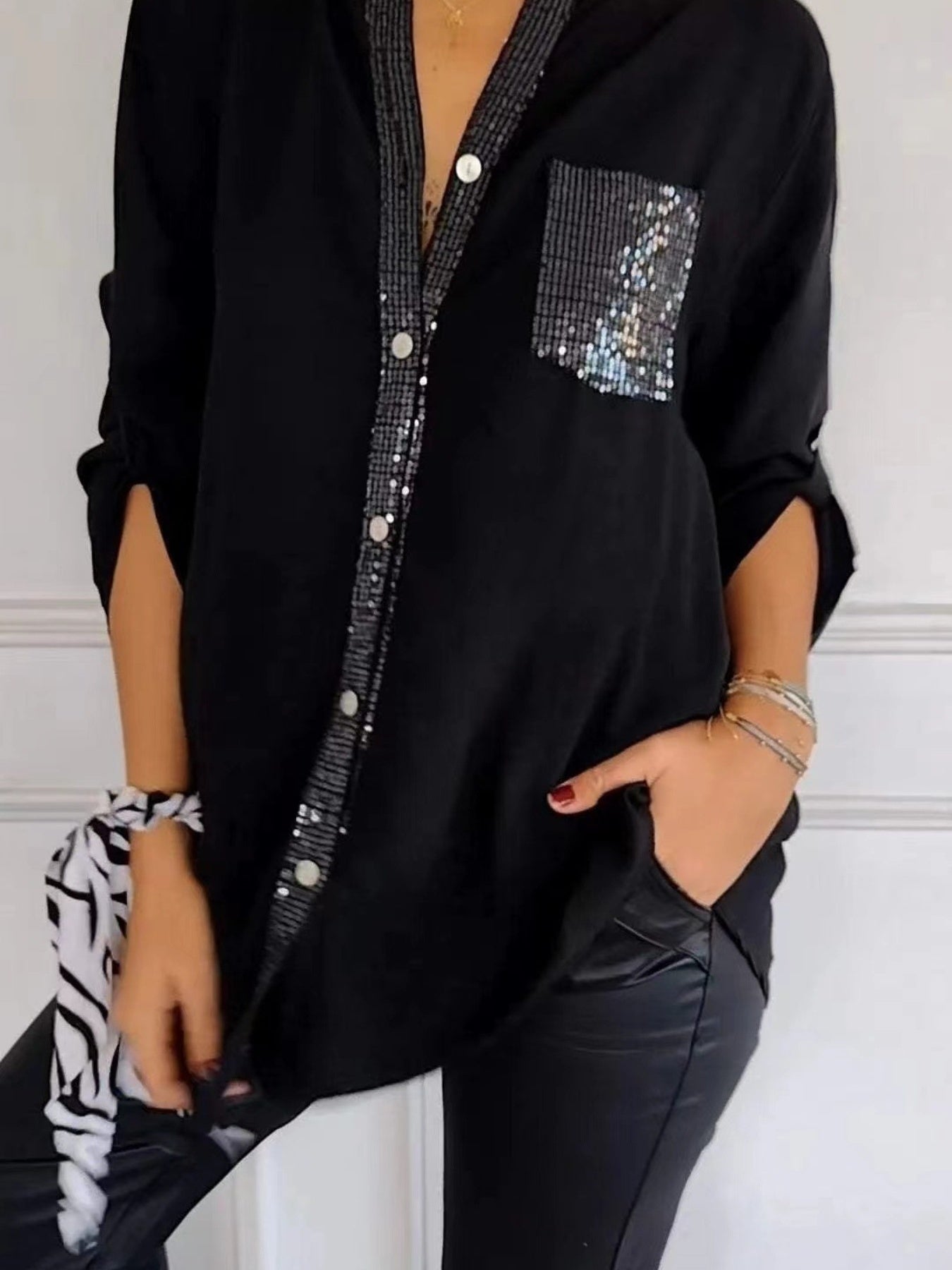 Full Size Sequin Detail Button-Down Shirt Plus Size 