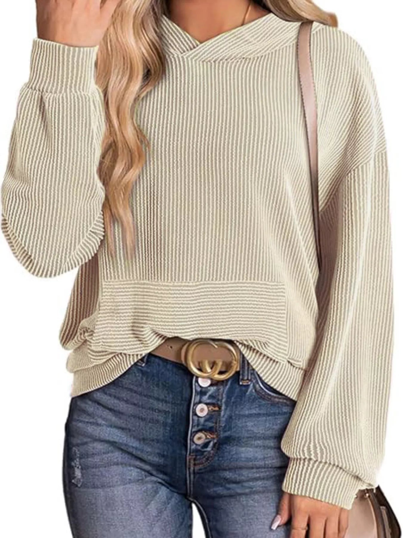 Ribbed Oversized Hoodie Sweatshirt with Pocket 