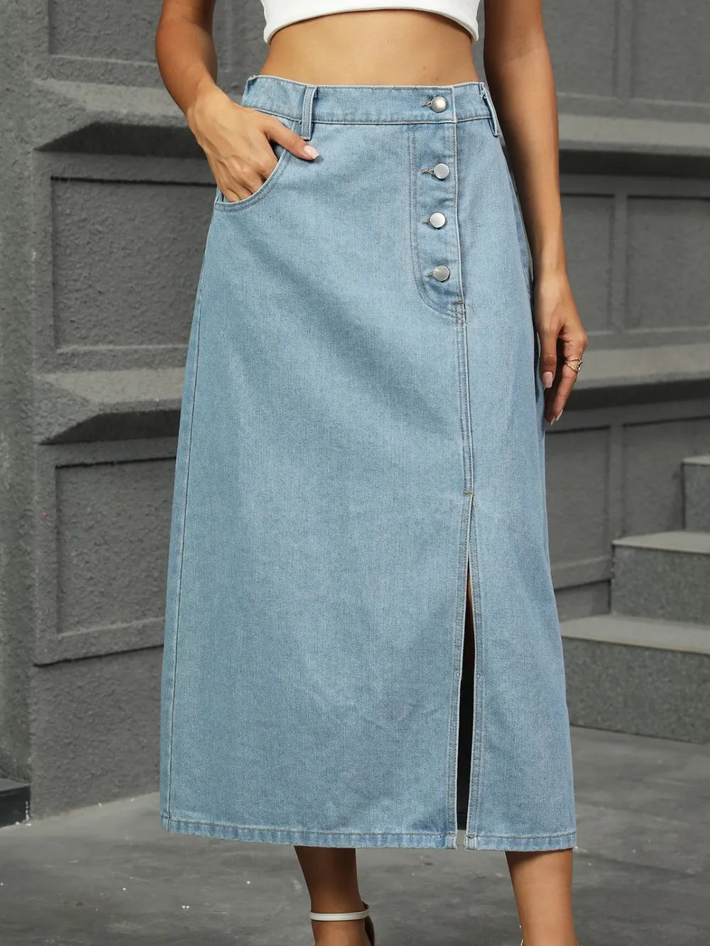 Slit Button Detail Denim Midi Skirt 