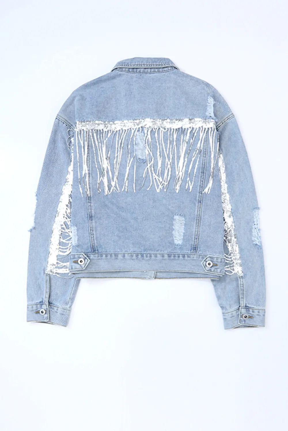 Sequin Fringe Trim Distressed Button Up Denim Jacket 