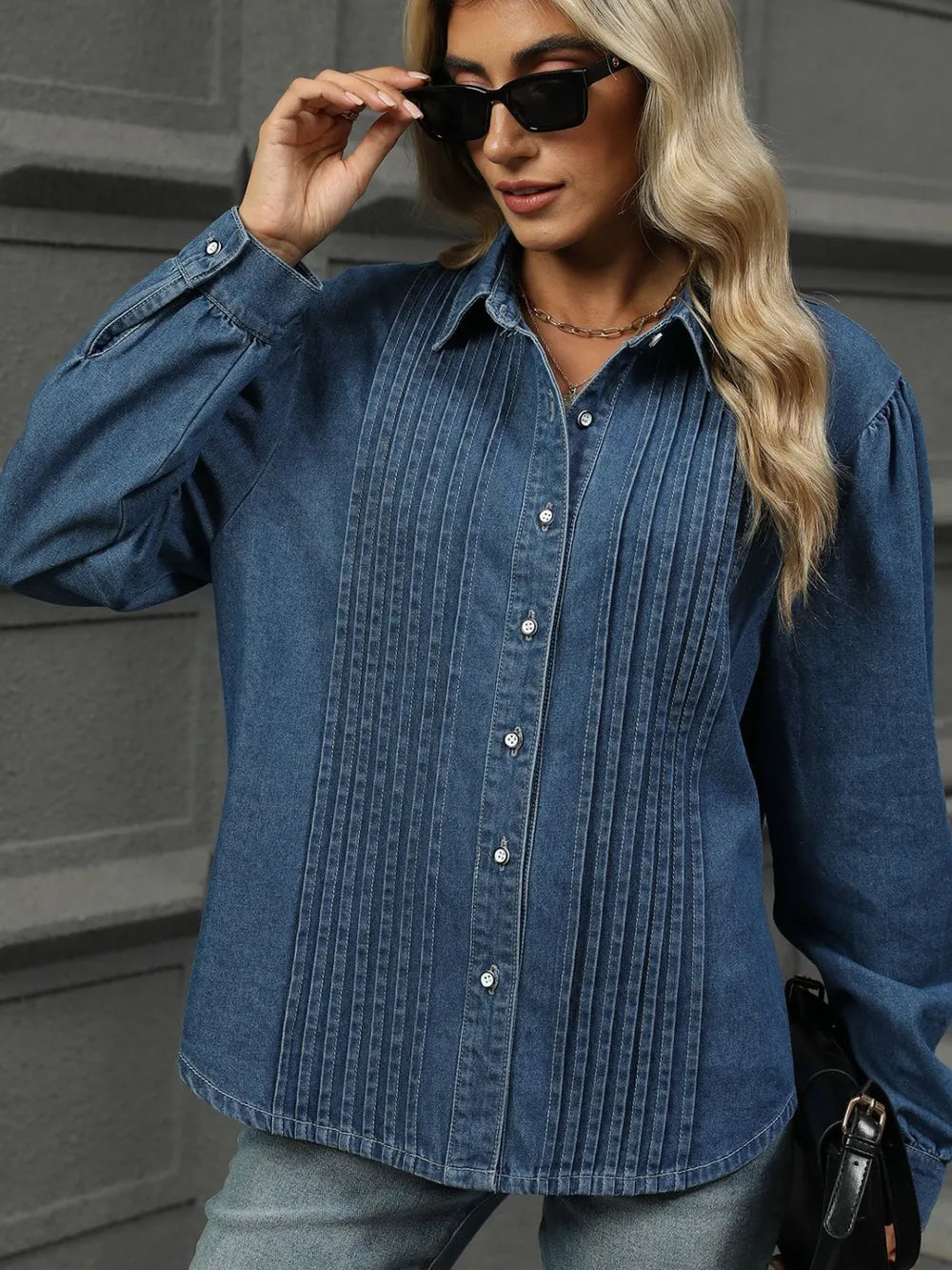 Button Down Collared Neck Long Sleeve Denim Top 