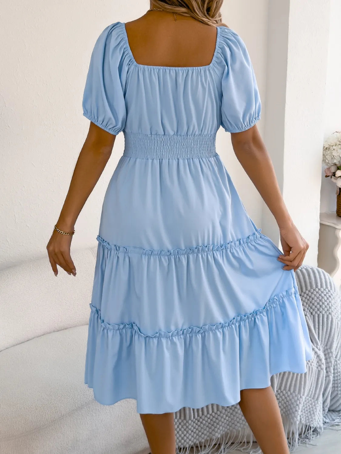 Square Neck Short Puff Sleeve Dress 