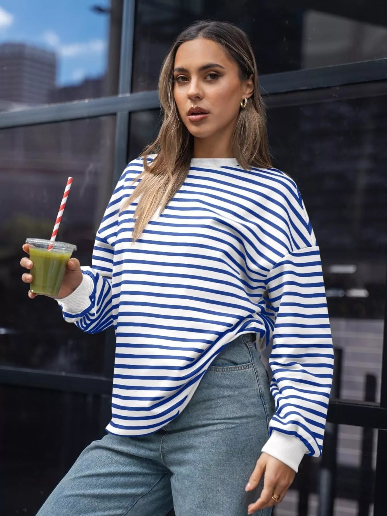 Striped Round Neck Oversized Casual Sweatshirt 