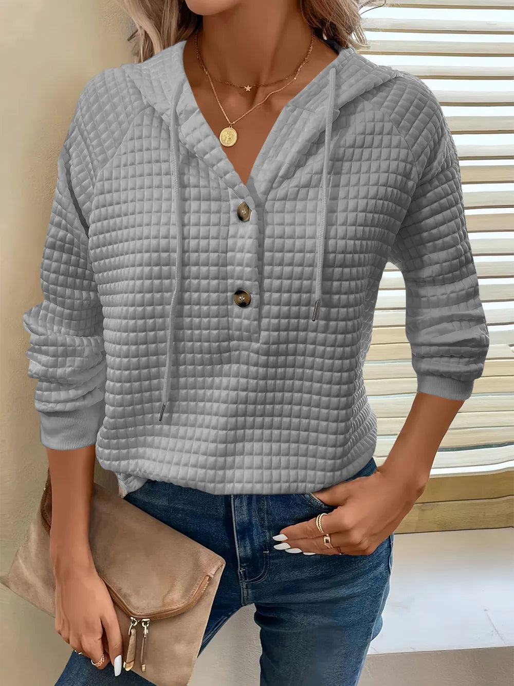 Full Size Texture Button Detail Drawstring Long Sleeve Hoodie 