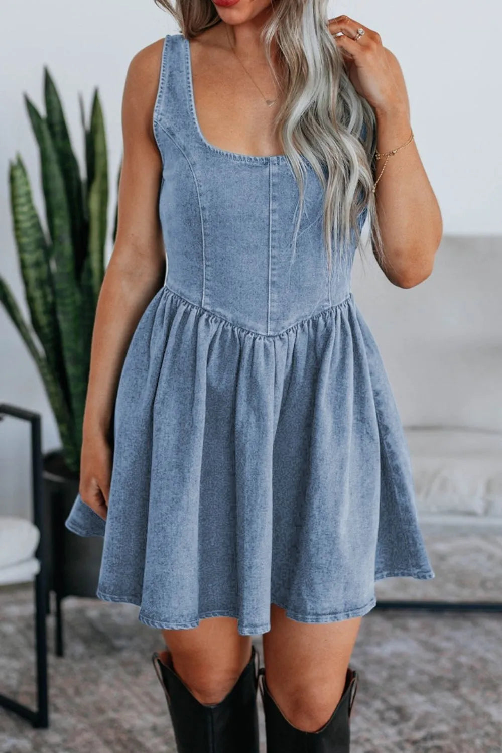 V-Back Bow Tie Denim Skater Dress 