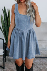 V-Back Bow Tie Denim Skater Dress 