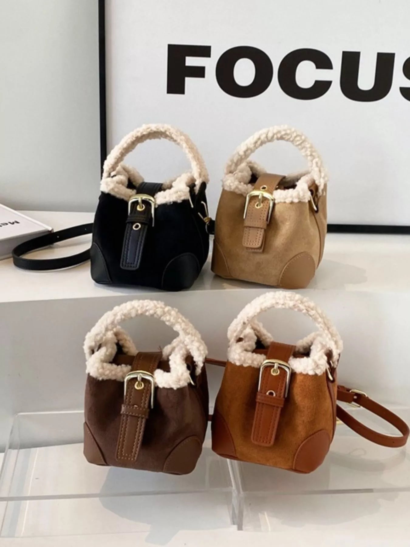 Fuzzy Trim Bucket Crossbody Bag 