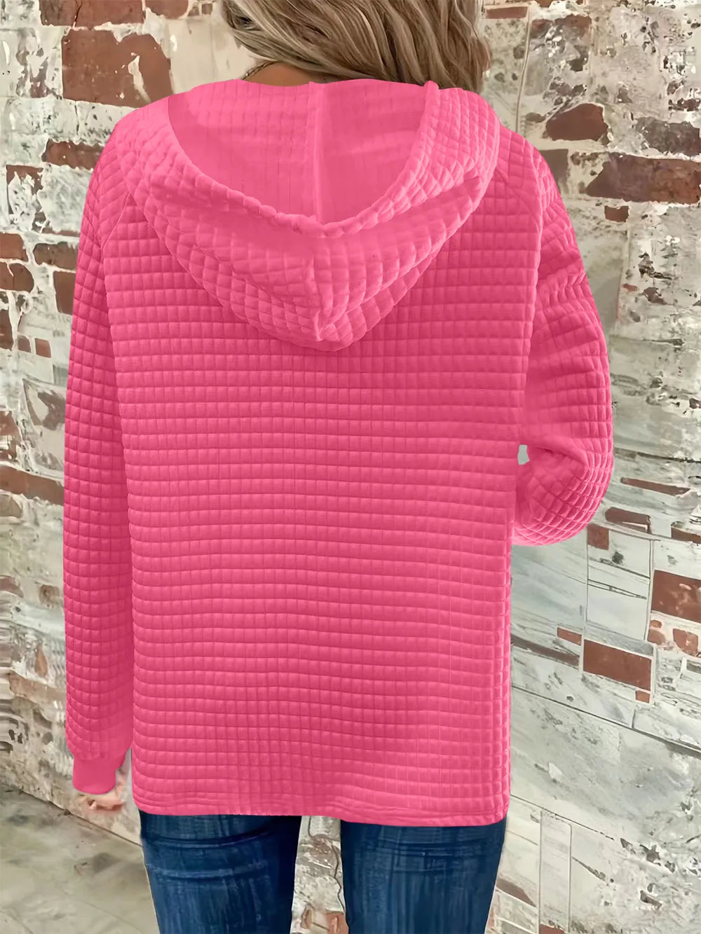 Full Size Texture Button Detail Drawstring Long Sleeve Hoodie 