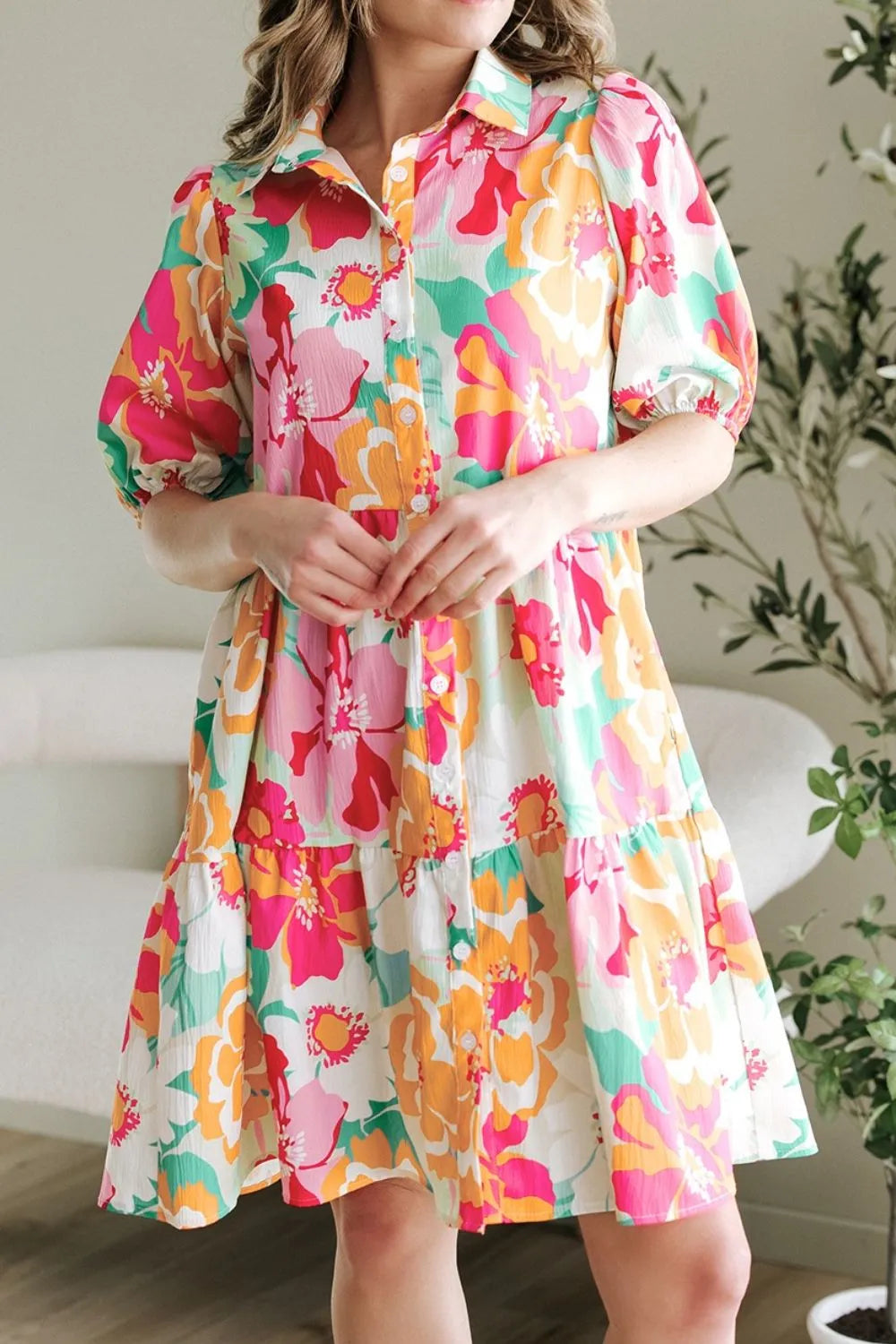 Button Down Floral Puff Sleeve Babydoll Dress 