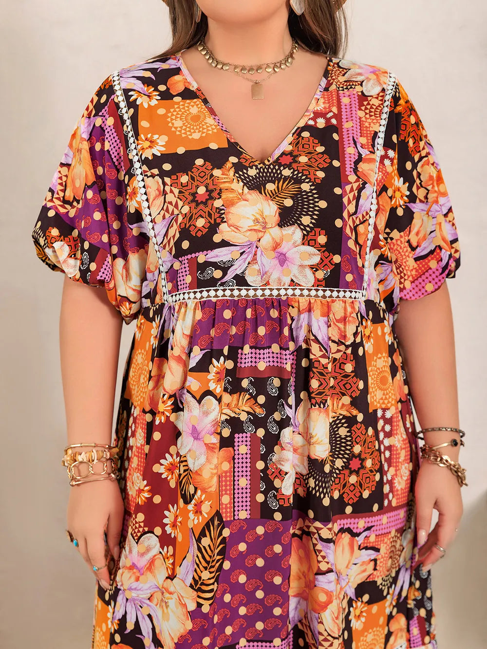 Plus Size Printed V-Neck Half Sleeve Maxi Dress 