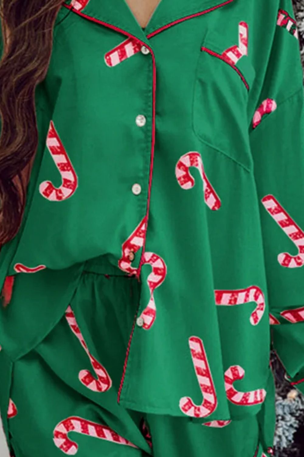 Candy Cane Collared Neck Long Sleeve Top and Shorts Lounge Set Trendsi