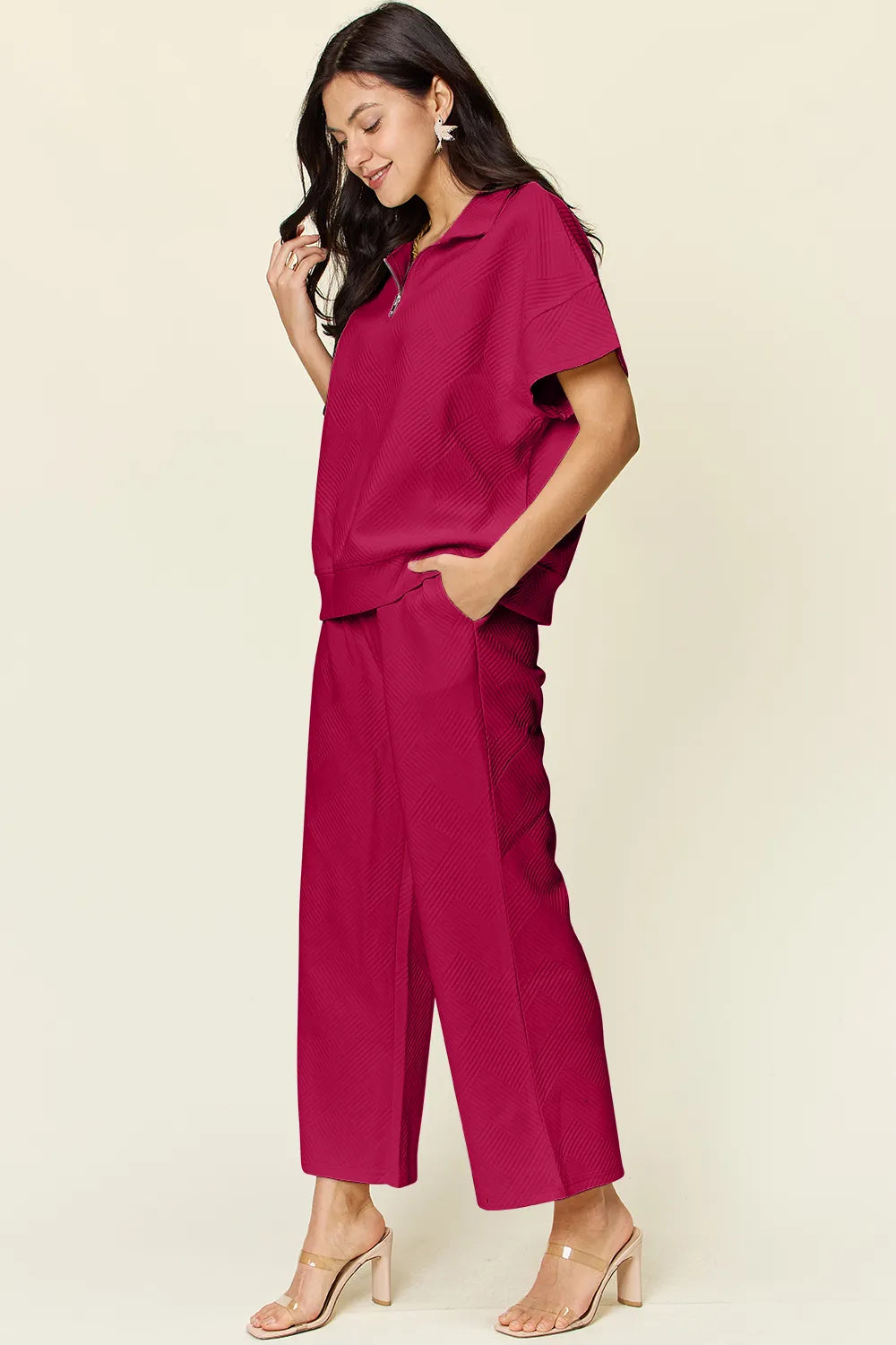 Double Take Full Size Texture Half Zip Short Sleeve Top and Pants Set 