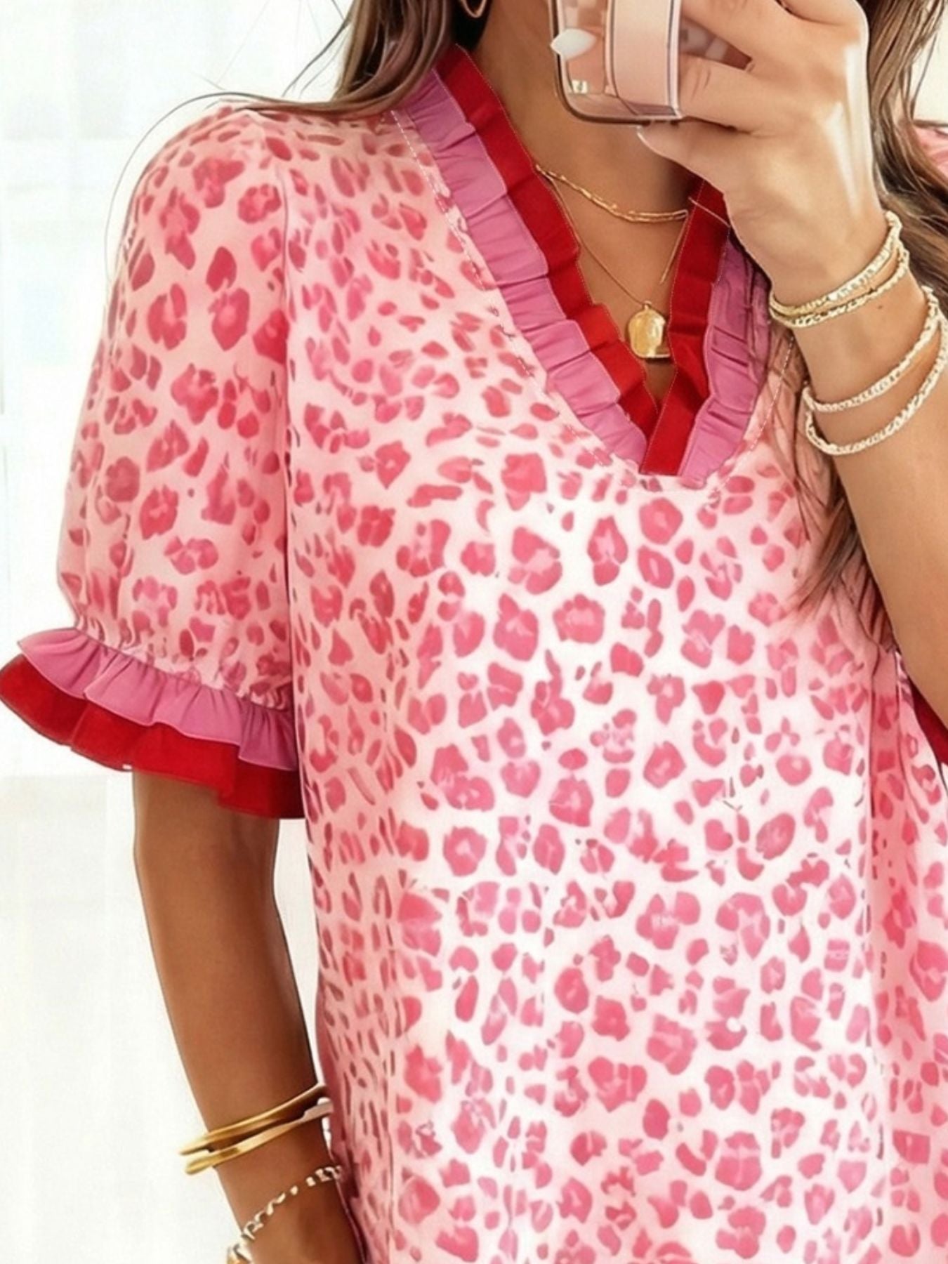 Leopard Print Frill Short Sleeve Blouse 