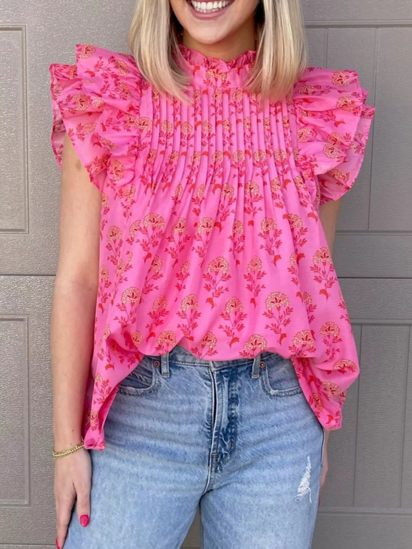 Floral Print Pleated Ruffled Flutter Sleeve Blouse 