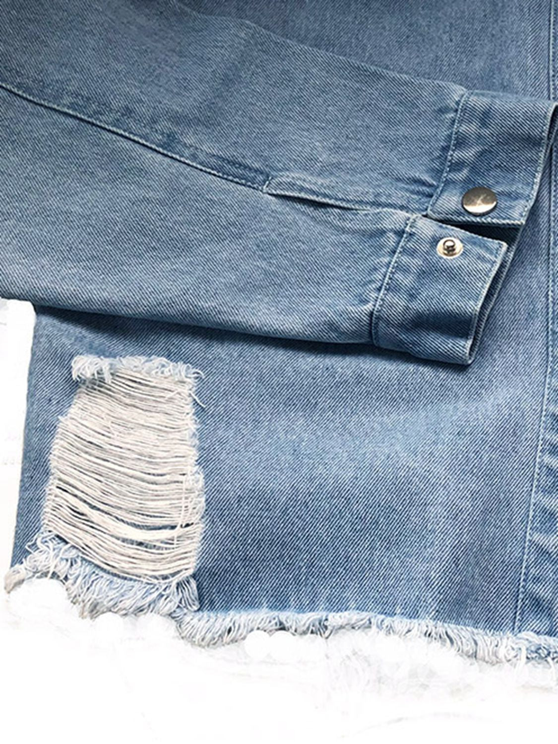 Raw Hem Collared Neck Long Sleeve Denim Jacket 