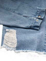 Raw Hem Collared Neck Long Sleeve Denim Jacket 