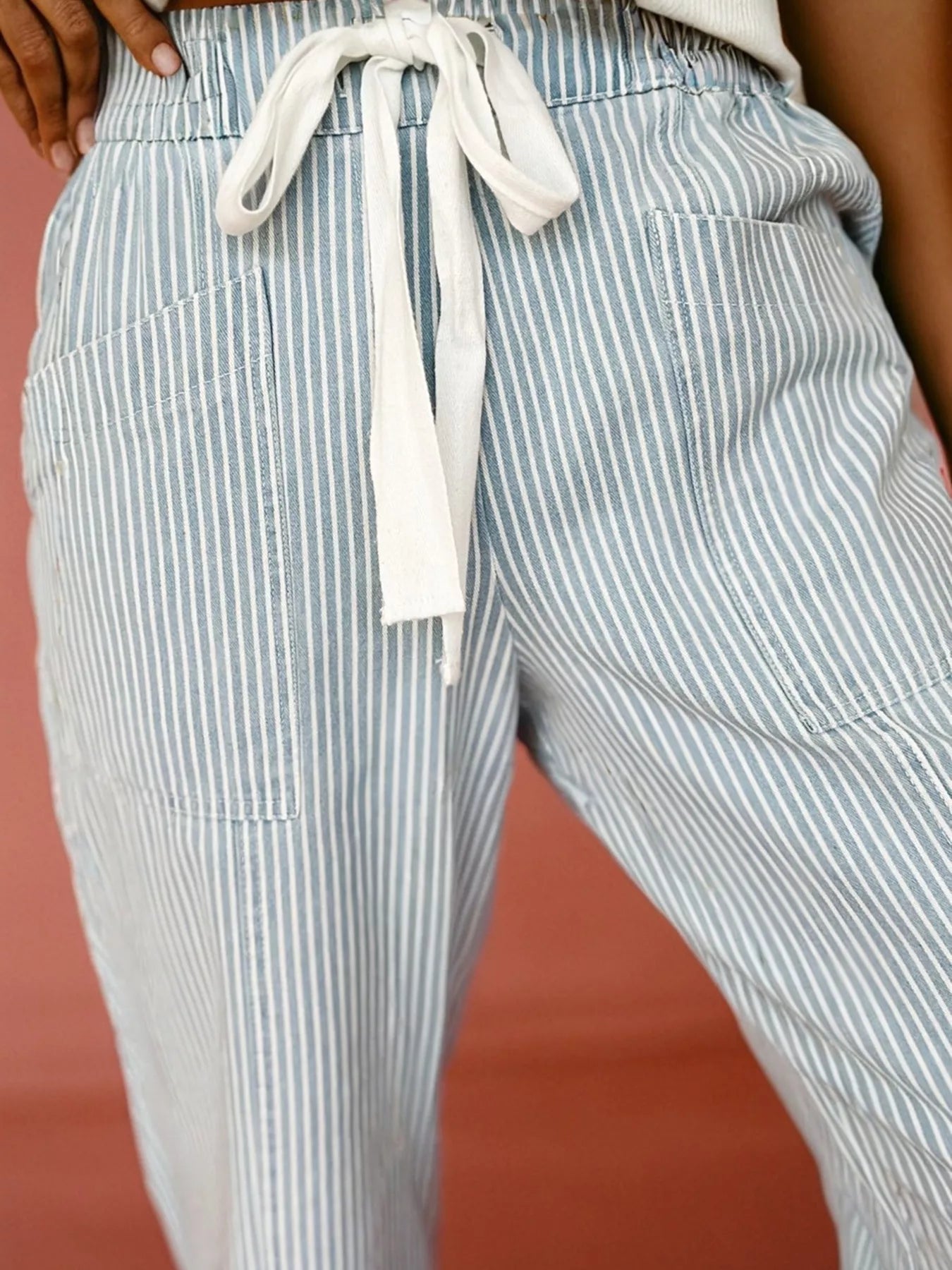 Stripe Mid Rise Drawstring Waist Jeans 