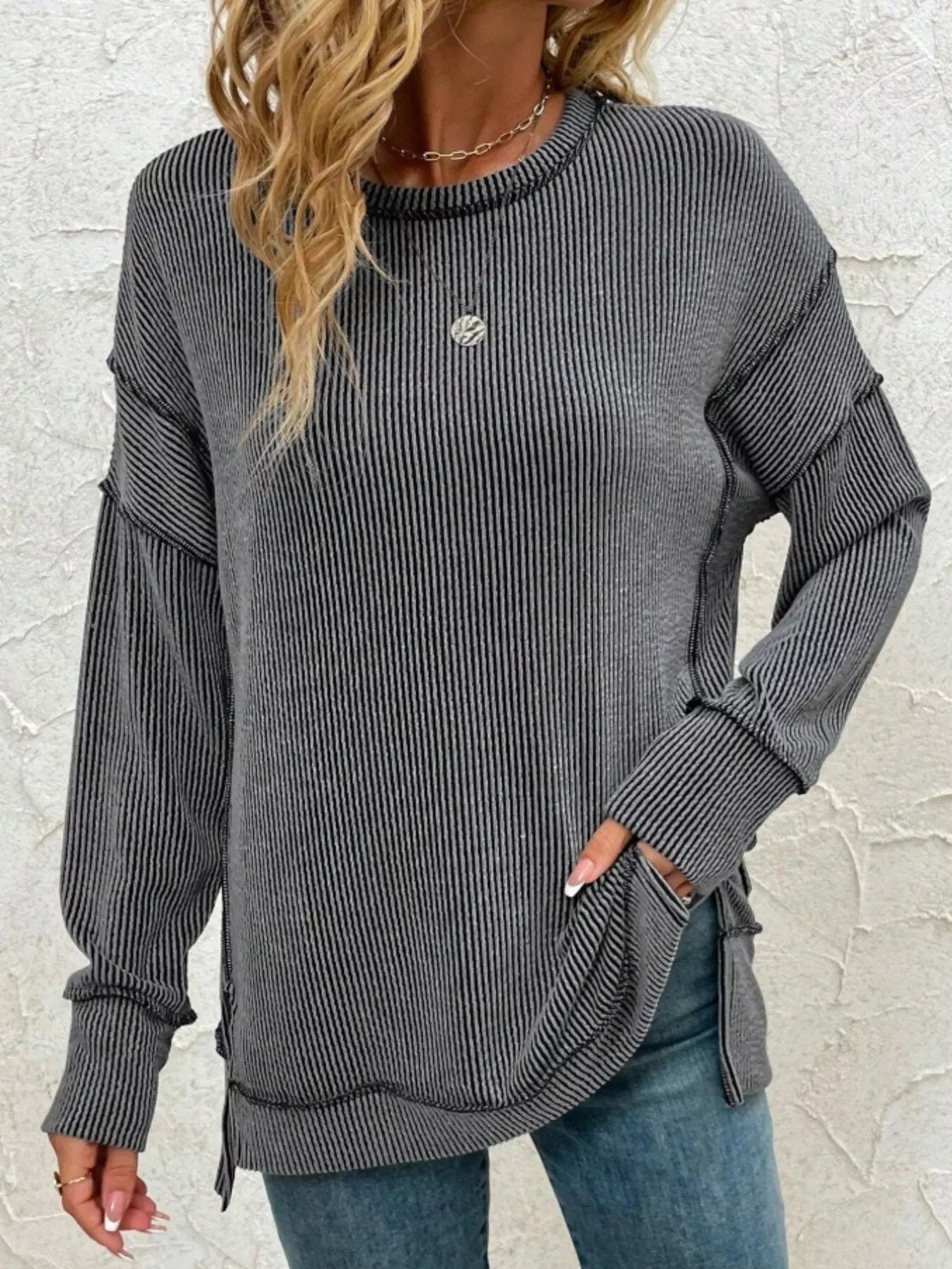 Side Slit Round Neck Dropped Shoulder Sweatshirt 