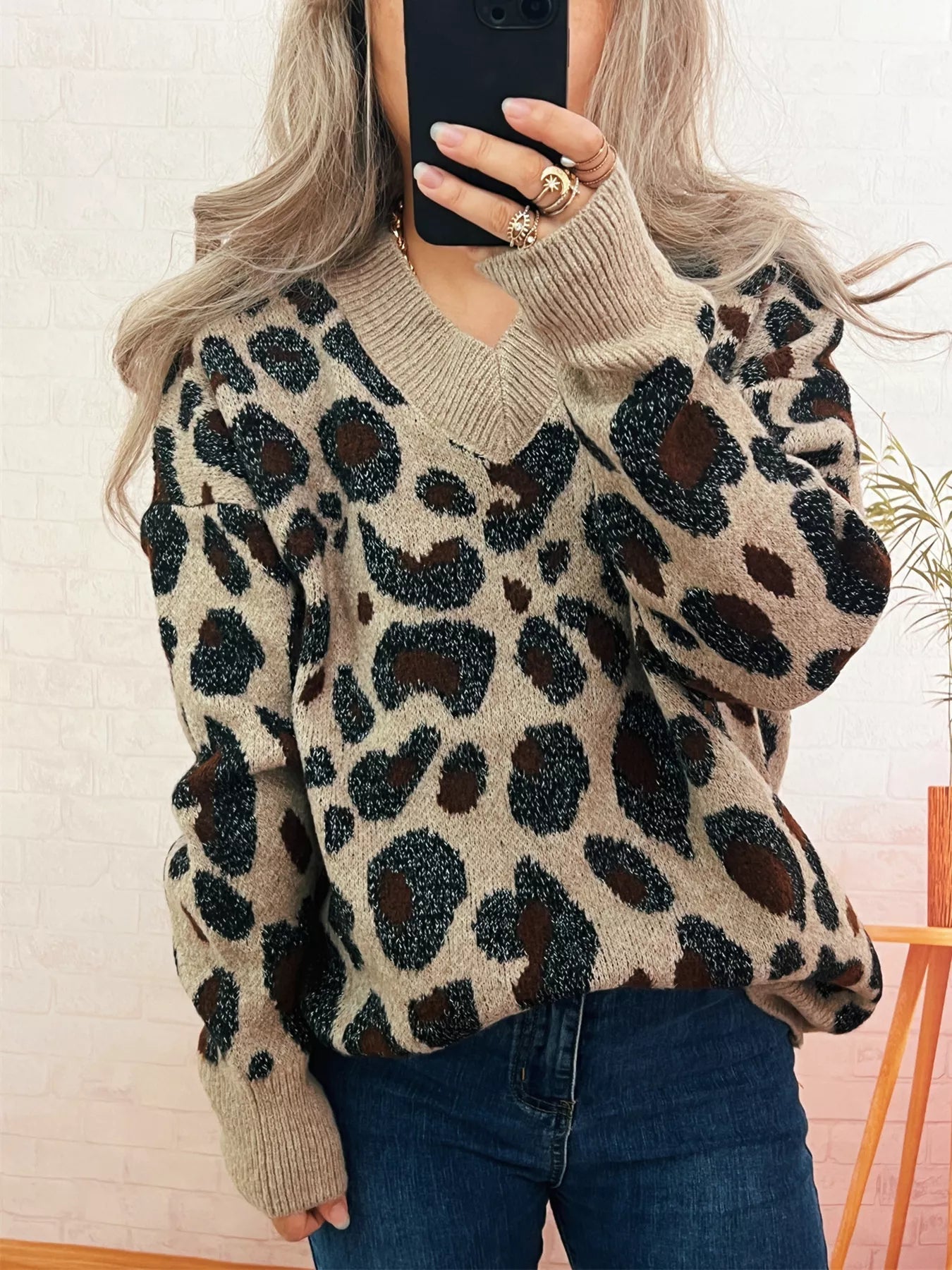 Leopard V-Neck Drop Shoulder Sweater 