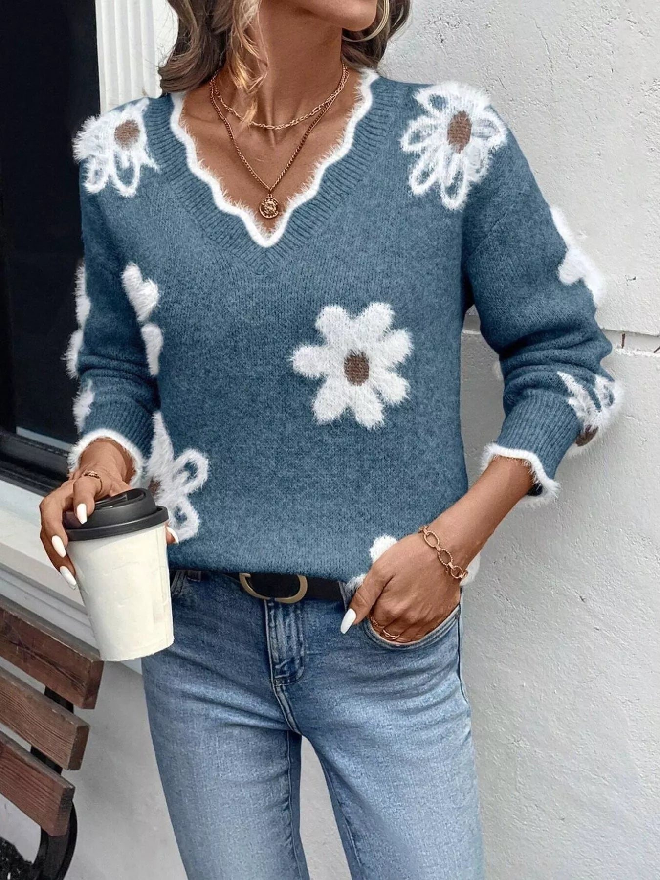 Floral V-Neck Long Sleeve Sweater 