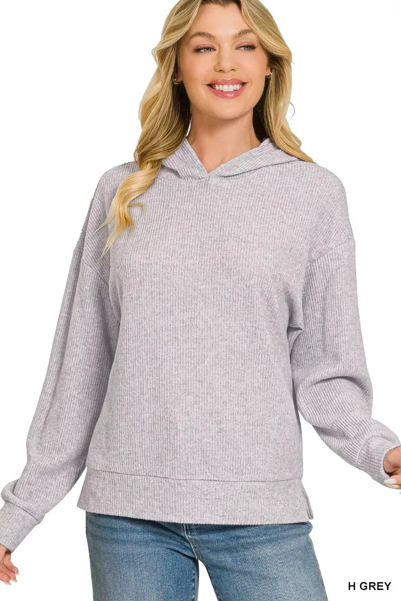 Zenana Brushed Ribbed Hacci Hoodie Pullover 