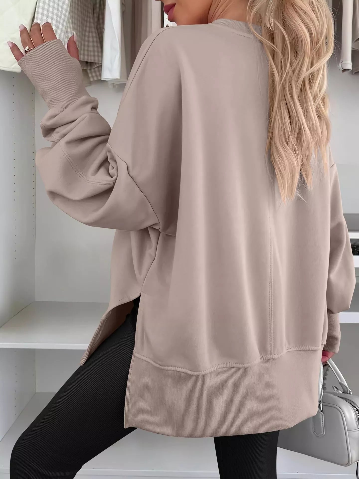 Side Slit Round Neck Long Sleeve Sweatshirt 