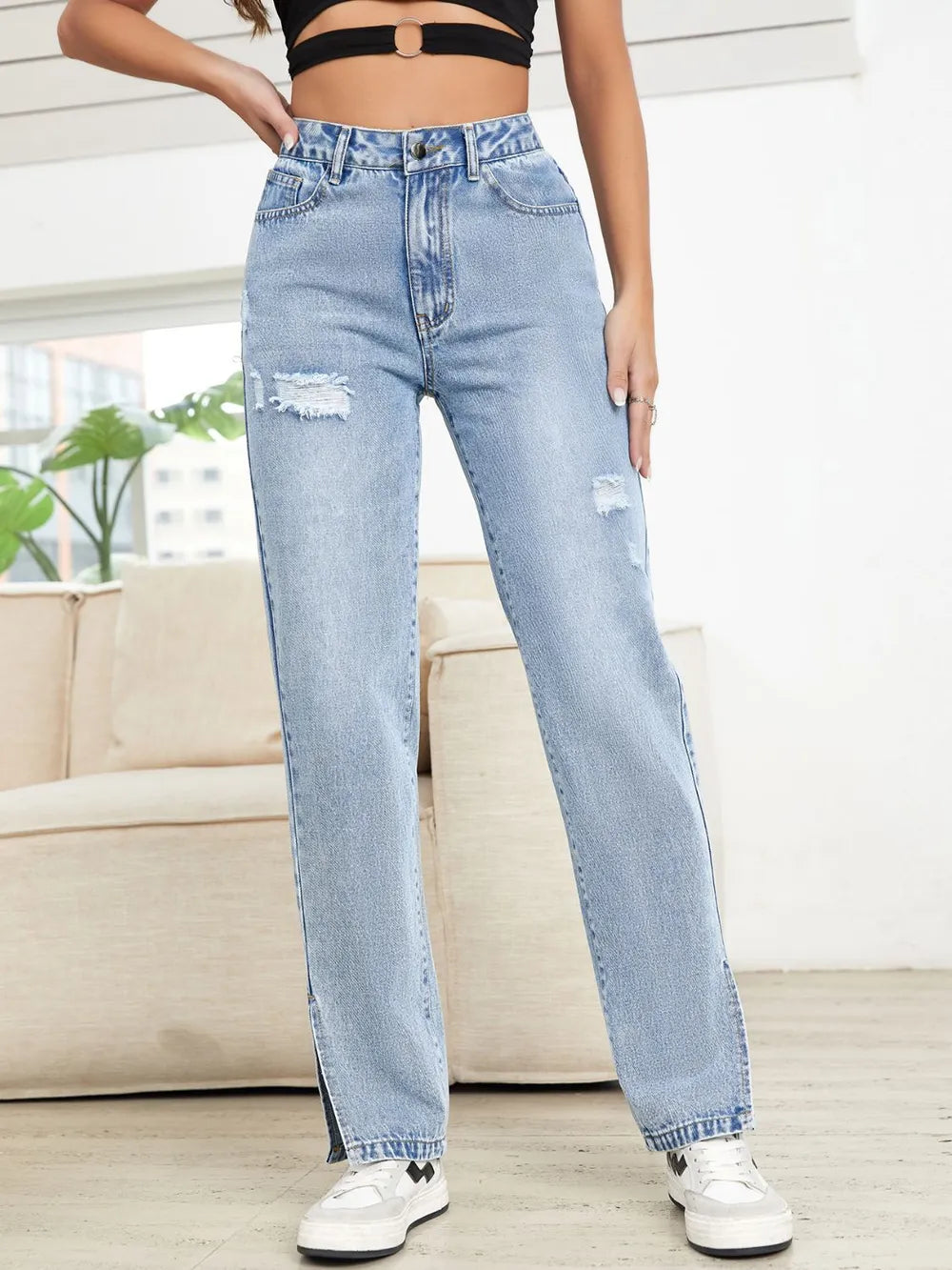 Distressed Slit Straight Leg Jeans 