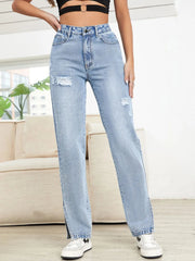 Distressed Slit Straight Leg Jeans 