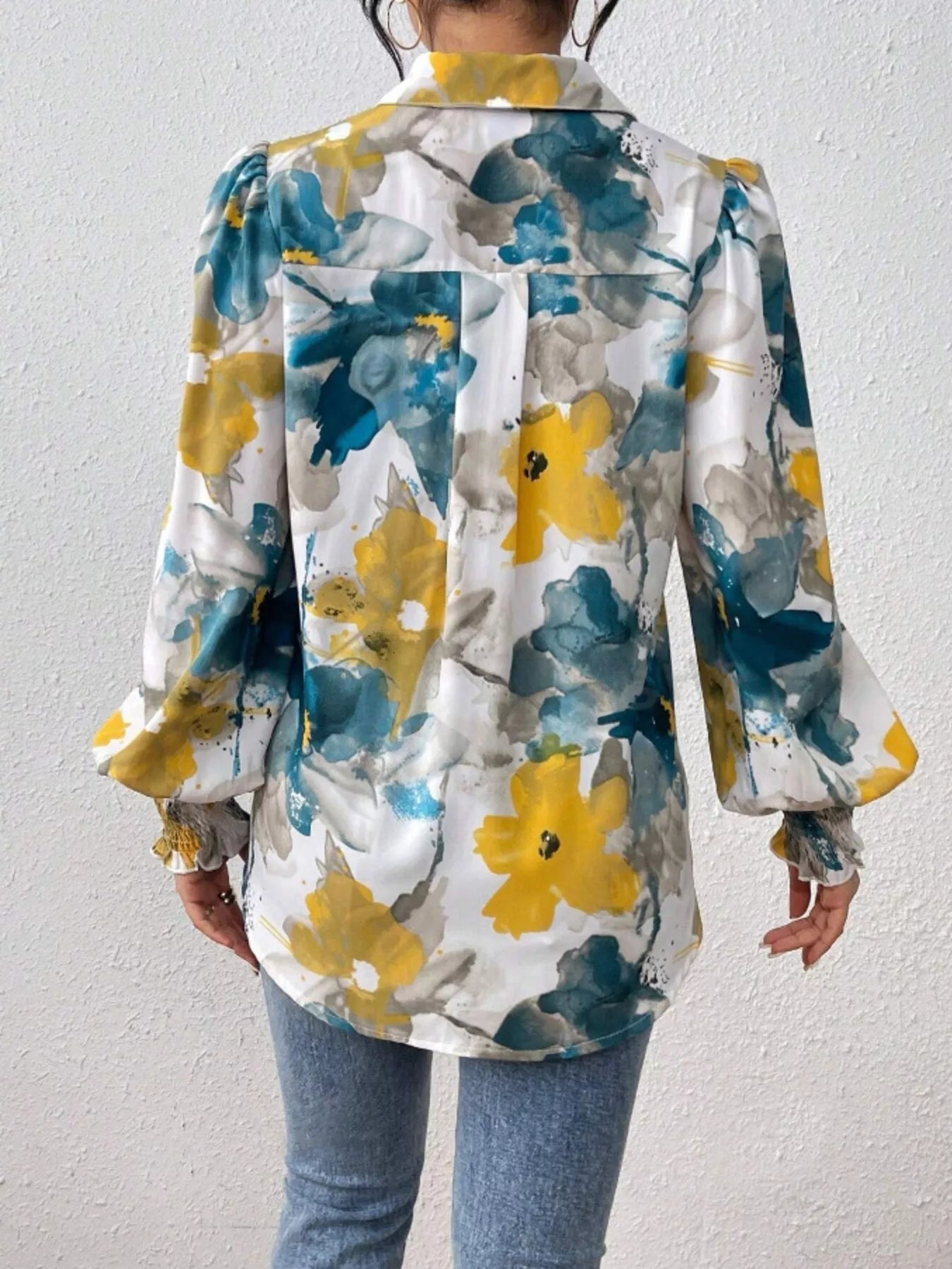 Printed Button Up Lantern Sleeve Shirt 