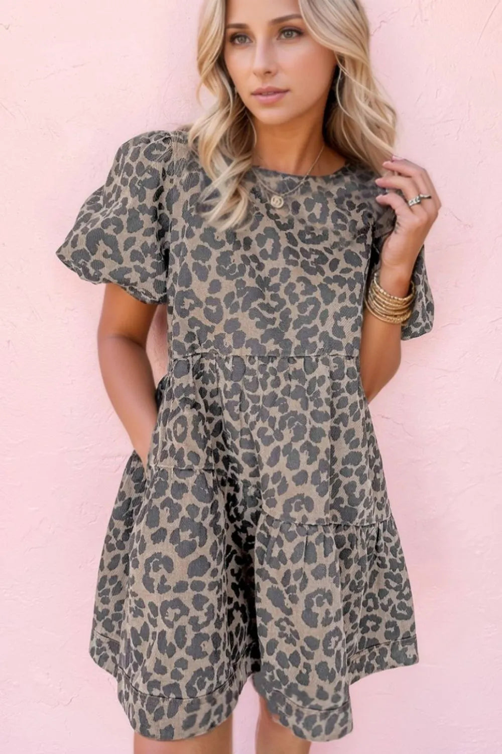 Leopard Round Neck Puff Sleeve Denim Dress 
