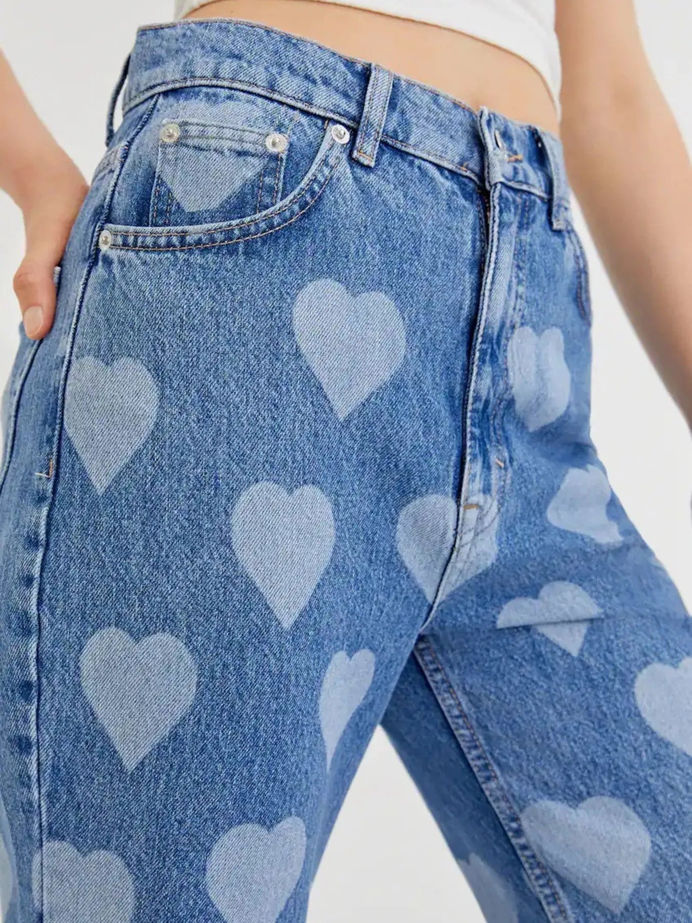 Heart Pattern High-Waist Wide Leg Jeans 